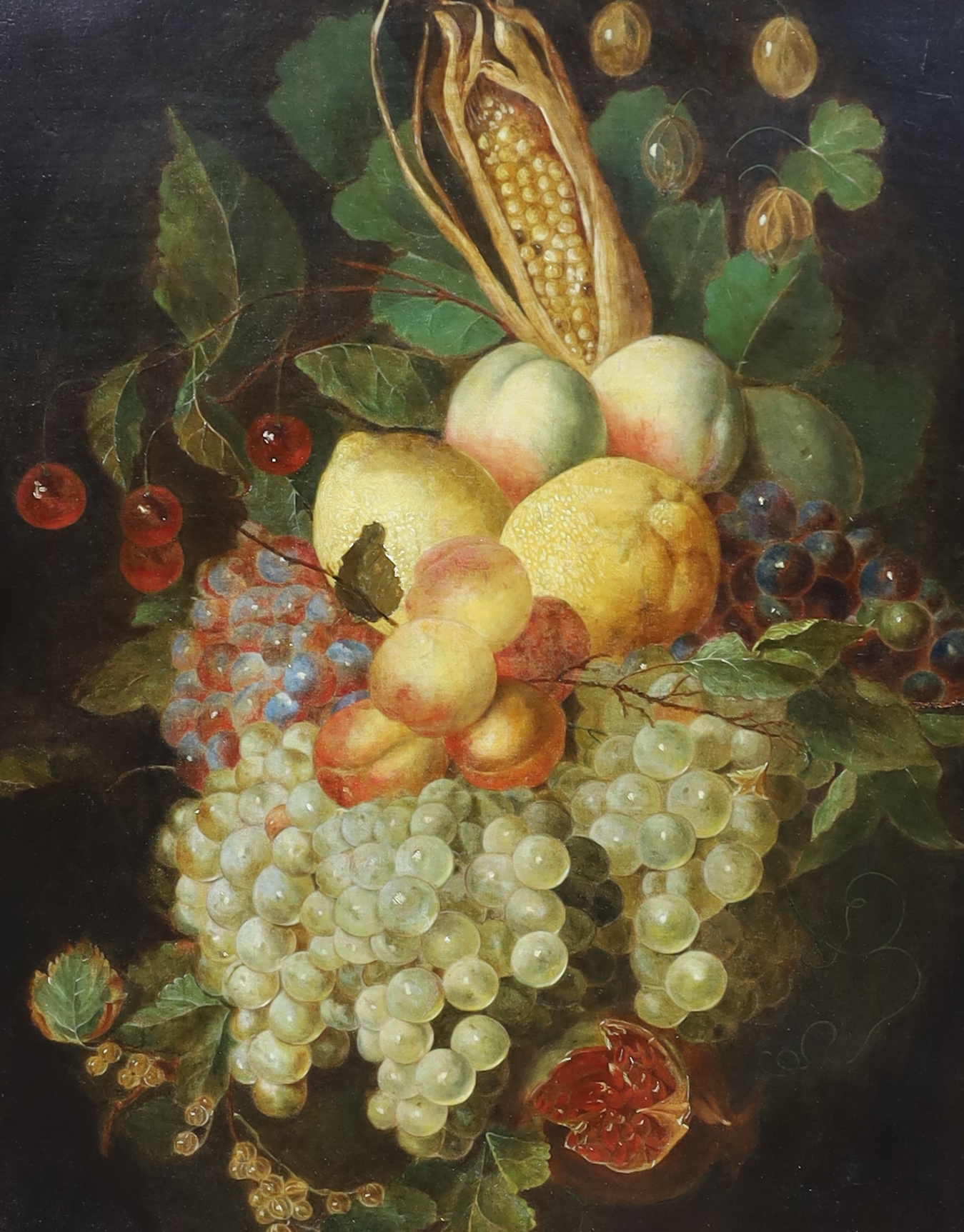 Attributed to Jan Pauwel Gillemans (Dutch, 1618-c.1680), Still life of sweetcorn, gooseberries, peaches, lemons, cherries, grapes and a pomegranate, oil on canvas, 52 x 42cm
